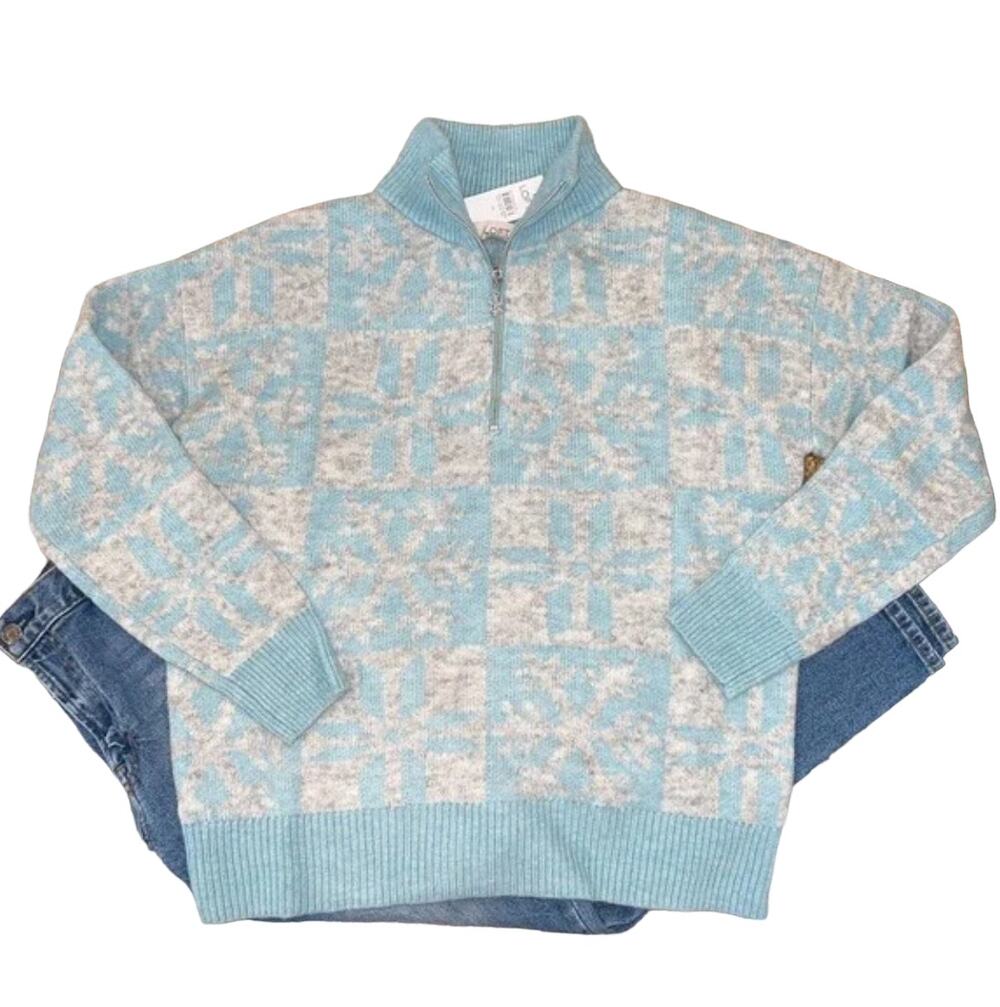 NWT LOFT Light Blue & Grey Ski Snowflake Zip Sweater
